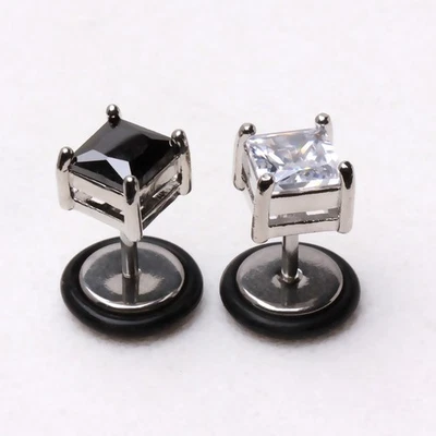 PAR de tapones de piedra de circonio cúbico de forma cuadrada de acero quirúrgico falsos de 1,2 mm x 6 mm Foto 1 de 4