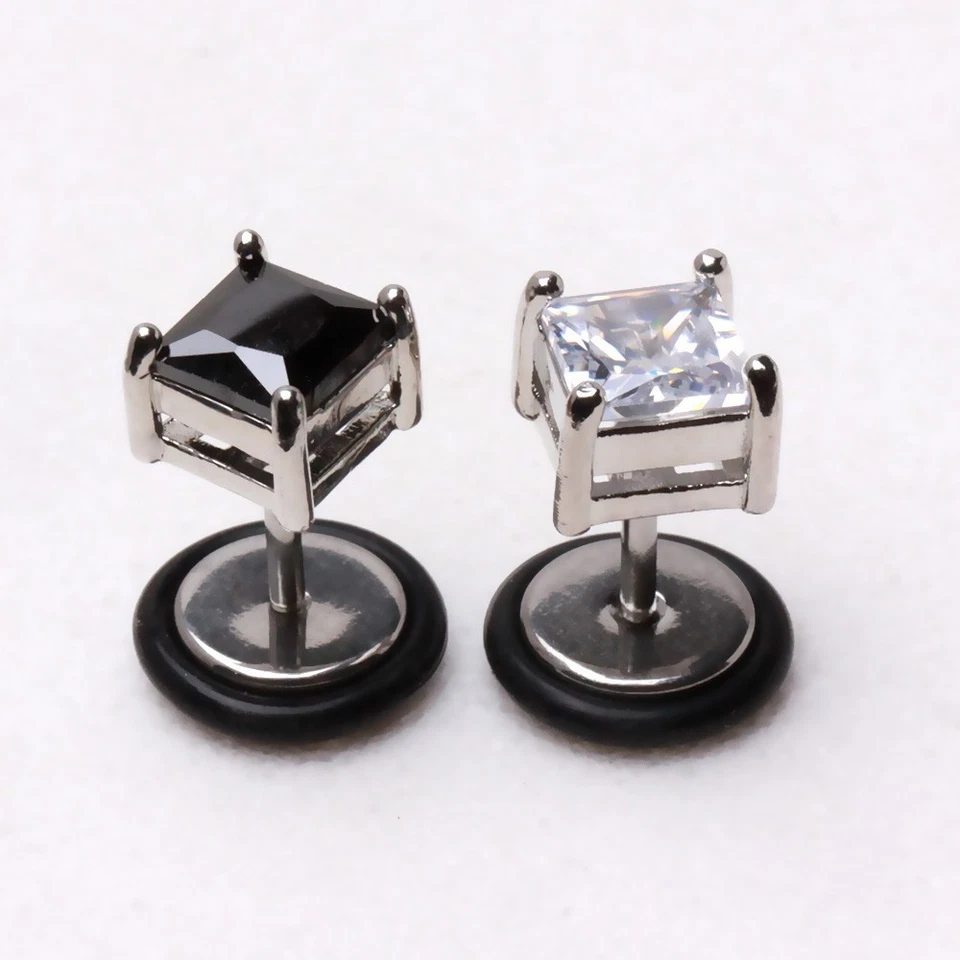 PAR de tapones de piedra de circonio cúbico de forma cuadrada de acero quirúrgico falsos de 1,2 mm x 6 mm Foto 1 de 4