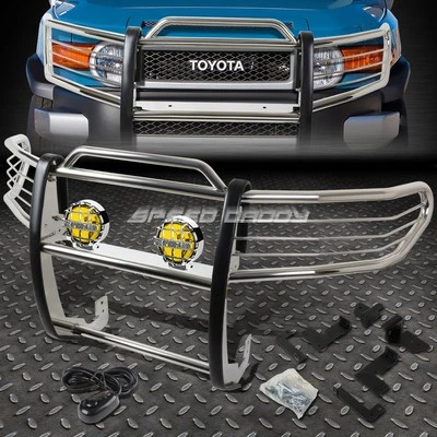 CHROME BRUSH GRILL GUARD+ROUND AMBER FOG LIGHT FOR 07-14 TOYOTA FJ CRUISER SUV - Изображение 1 из 4