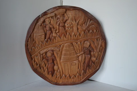 Wood Carving Wall Sculpture Workers in the Field Art Farming Scene African Tiki Cover