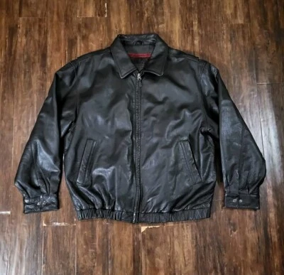 Vintage St John’s Bay Black Leather Motorcyle Jacket Zip Up Quilt Lined Mens XL - Image 1 of 4