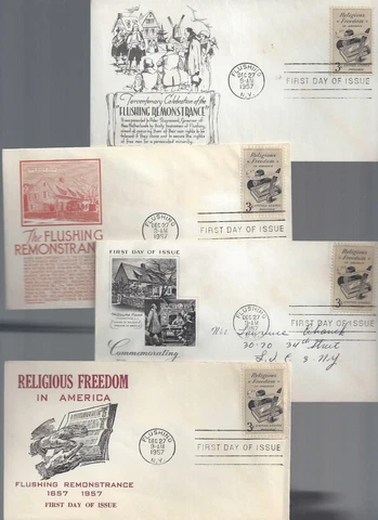 4 1957 Scott 1099 Religious Freedom FDC's 4 diff cachets;Anderson Aristocrats ++ Cover