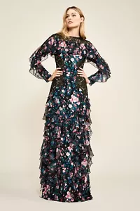 NEW Tadashi Shoji Sarahi Maxi Dress Tiered Ruffle Floral Gown Sz 12 $798 - Picture 1 of 24