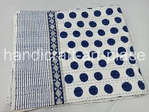 Indian Handmade Cotton Kantha Quilt, Boho Throw, Bedspread , Block Print Quilt - Picture 1 of 8