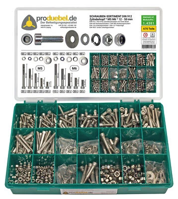 PRODUEBEL.DE DER BEFESTIGUNGSSPEZIALIST DIN 912 Zylinderschrauben-Sortiment Edelstahl A2 M2 - M12 inkl. Muttern+Scheiben