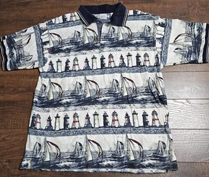 VTG World Wide Sportsman Polo Mens XL Light Houses Sail Boats Nautical Captain - Picture 1 of 6
