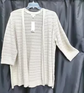 2X CHARTER CLUB COTTON BLEND KHAKI OPEN FRONT/WORK KNIT CROCHET CARDIGAN SWEATER - Picture 1 of 5