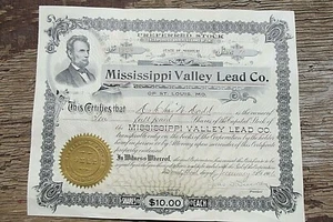 1901 Mississippi Valley Lead Co certificado de acciones Missouri 10 acciones - Imagen 1 de 3