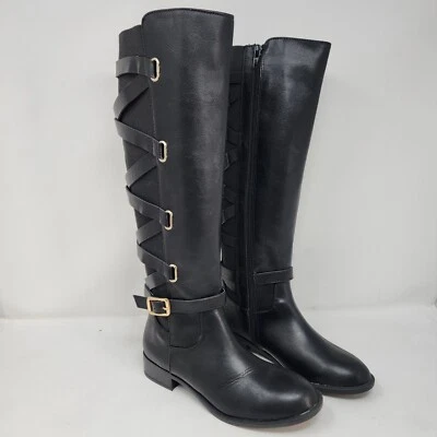 Thalia Sodi Riding Boots Womens 5 Black Veronika Faux Leather Zip Buckle Strap - Image 1 of 4