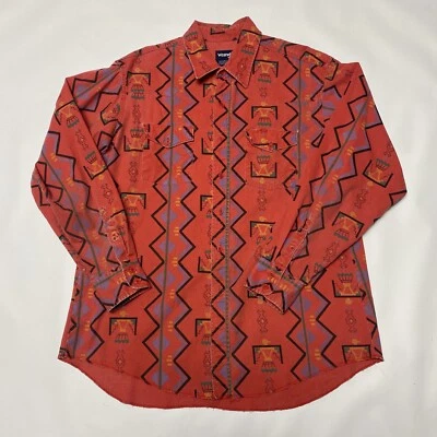 Wrangler Brushpopper Caped Cotton Red Aztec Navajo 90s Shirt Mens XL 17 1/2 - 35 - Image 1 of 4