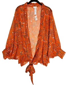 Free People OS Red Orange Shimmer Floral Sheer Tie Open Kimono Peasant Boho - Picture 1 of 9