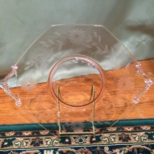 Lancaster Jubiläum rosa geätzte Depression Glasgriff Kuchenplatte 1930er Vintage - Bild 1 von 12