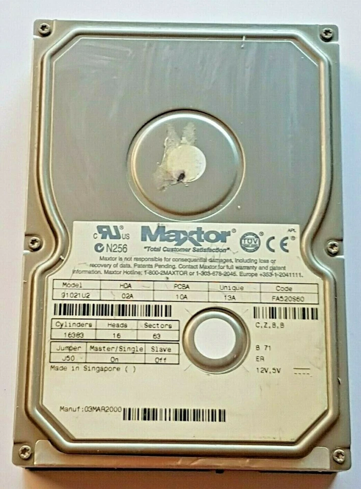 10.2 GB Ide Maxtor 91021U2 5400RPM P-Ata UDMA66 2MB HDD 3.5 " Internal Hard - Image 1 of 1