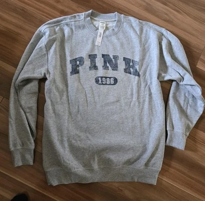 NWT Victorias Secret PINK Gray Blue S oversized ivy campus fleece sweatshirt - Image 1 of 4