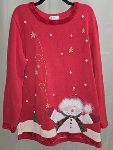 Vintage Women's Quacker Factory Red SNOWMAN  Embellished Christmas Sweater Large - Picture 1 of 10