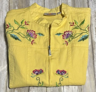 Quacker Factory Jacket Yellow Floral Embroidered Denim Butterfly Zip Medium - Image 1 of 4