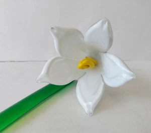 Hand Blown Glass Long Stem White Flower - Picture 1 of 12