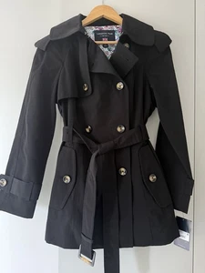 LONDON FOG Black Double Breasted Belted Lined Raincoat Trench Mac Size XS - Picture 1 of 8