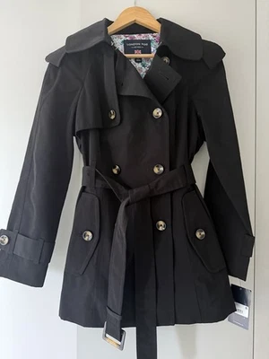 LONDON FOG Black Double Breasted Belted Lined Raincoat Trench Mac Size XS - Image 1 of 4