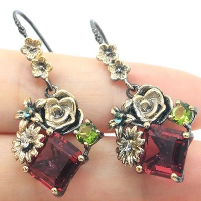 Buy 3 Get 1 Free Rhodolite Garnet Peridot Blue Topaz Black Gold Silver Earrings - Image 1 of 3