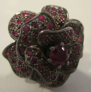 Nachlass Ring Rubin Blumenring Gr. 6 Silber schwarz Rodium neuwertig - Bild 1 von 4