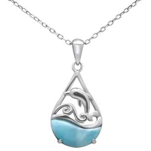 Tear Drop Shape Larimar Dolphin in Ocean .925 Sterling Silver Pendant Necklace 1 - Picture 1 of 2