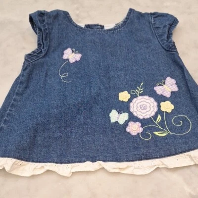 Miniwear Blue Denim Blouse w Embroidered Gingham Butterfly Flower Details 24M - Image 1 of 4