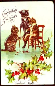 Vintage CHRISTMAS GREETINGS embossed Cat Postcard - ca. 1910 - Picture 1 of 2
