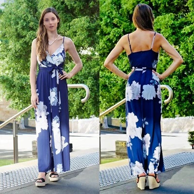 Women Strappy Jumpsuits in Blue Floral Evening Party Beach Boho Playsuit - image 1 of 4