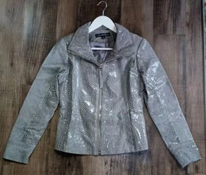 Via Spiga Womens Taupe Shiny Snakeskin Leather Full Zipper Jacket Women's Sz XS - Picture 1 of 6