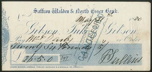 Safran Walden & North Essex Bank, Gibson, Tuke & Gibson, gebrauchter Scheck, 18[80] - Bild 1 von 1