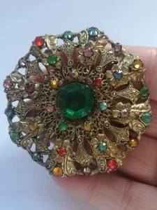 Huge Vintage Czech Filigree Brooch Pin Sparkly Multicoloured Stones Superb - Picture 1 of 6