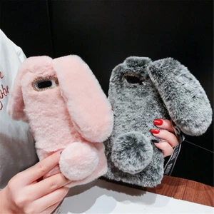 Girls Cute Bunny Plush Rabbit Fur Bling Glitter Soft Case Cover For Cell Phone - Picture 1 of 8