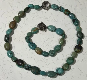 Gorgeous Genuine Turquoise & Sterling Silver Necklace And Bracelet Native Signed - Picture 1 of 6