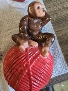 Monkey Chimpanzee On A Red Ball Of String  Chalk Ware String Holder Stringholder - Picture 1 of 11