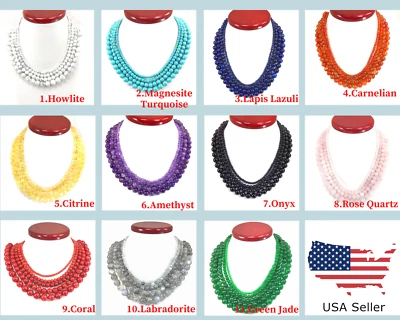 Handmade Gemstone Necklace Jewelry Smooth Round Beaded with Silver Lobster Clasp - Image 1 of 4