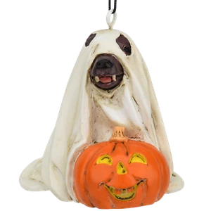 Tree Buddees Cute Dog Dressed As Ghost with Pumpkin Spooky Halloween Ornament - Picture 1 of 6