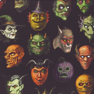 CREEPSVILLE CREEPY FACES ON BLACK QUILTING TREASURES HALLOWEEN FABRIC HALF YD - Picture 1 of 4