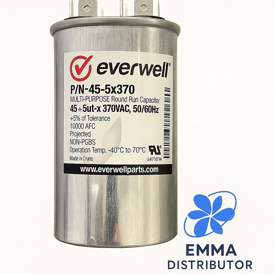 Круглый металлизированный конденсатор для запуска двигателя двойной 45+5 MFD X 370 В переменного тока 50/60 Гц - Изображение 1 из 4