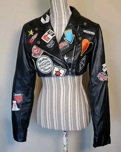 Hot & Delicious Faux Leather Jacket SMALL Cropped Punk Biker Patches Moto - Picture 1 of 22