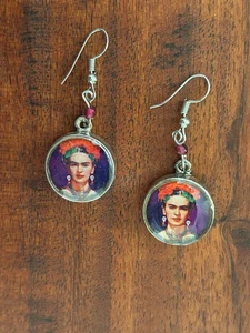 Hand-Crafted Frida Kahlo-Image Earrings, Lightweight, Purple, 30776 - Picture 1 of 3