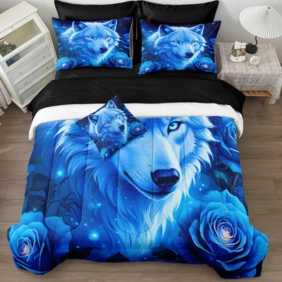 Conjunto de edredom King Size rosa floral conjunto de cama azul galáxia céu estampa de lobo Ki... - Imagem 1 de 4