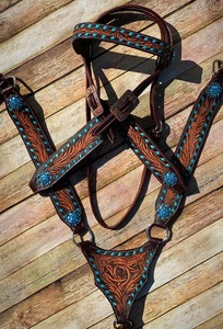 Western Saddle Dark Leather Bridle Headstall Breast Collar Tack Set Pony,Cob,Ful - Picture 1 of 7