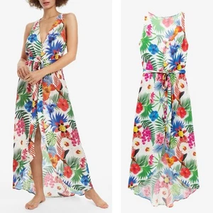 Desigual Dress Size XL 16 Tie Waist Midi Button Front Summer Tropical Floral - Picture 1 of 7