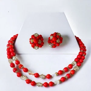 Vintage Red Beaded Double Strand Necklace Crystal Cut Beads Cluster Earrings Set - Picture 1 of 8