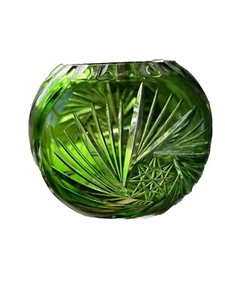 RARE Hungarian Emerald Green Cut Crystal Rose Bowl Vase 5.25 “ Tall - Picture 1 of 16