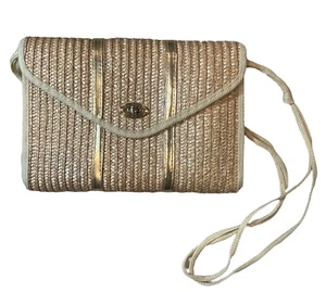Borsetta 100% paglia di grano borsa borsetta bordo oro misura 8" x 12" vintage - Foto 1 di 7