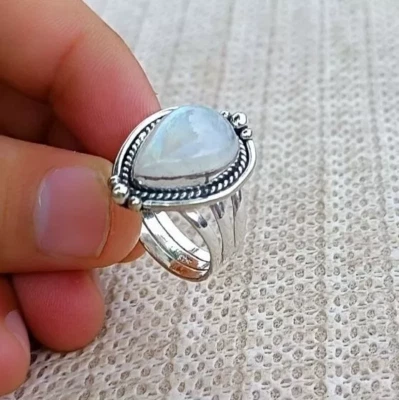 Anillo de piedras preciosas de piedra lunar lágrima 925 anillo de plata maciza para mujer regalo Foto 1 de 4
