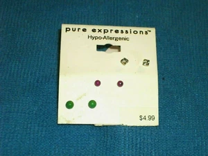 Set of 3 Women's Pierced Earrings Mini Size Clear Rhinestone, Red and Green New - Picture 1 of 2