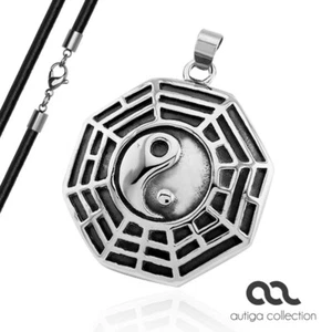 Anhänger Yin Yang Acht Trigramme Bagua Edelstahl Halskette Lederkette - Bild 1 von 3
